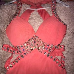 Coral Rhinestone Prom Dress